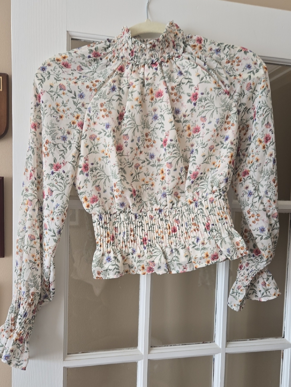 Paper Crane Cream Floral Smocked Waist Long-Sleeve Blouse